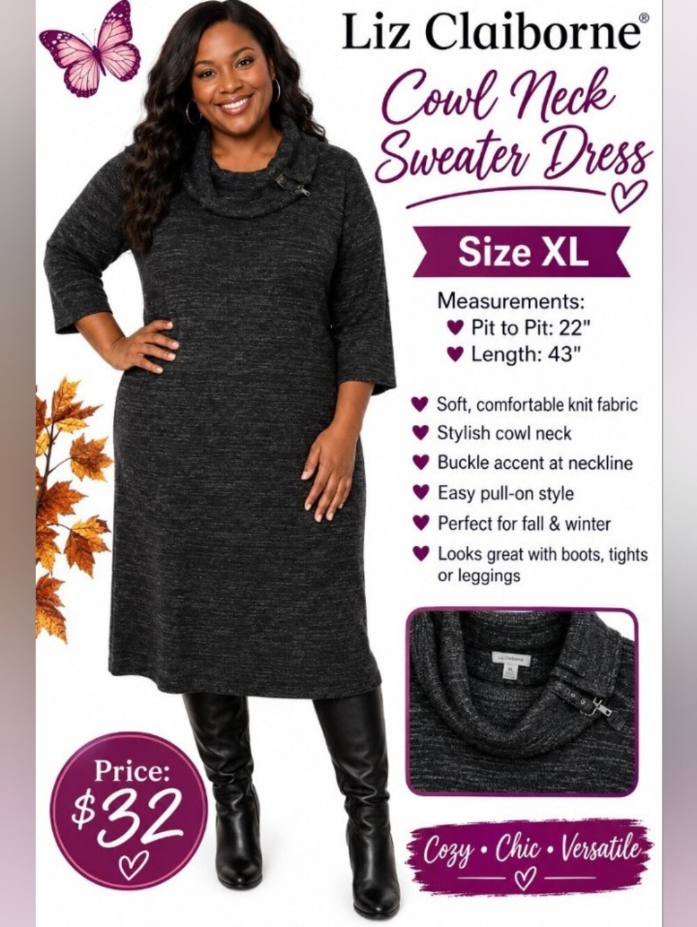 Liz Claiborne Charcoal Gray Cowl Neck Sweater Dress Size XL